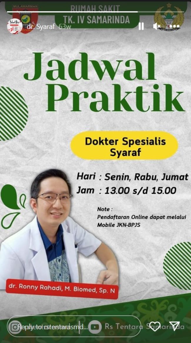 dr. Ronny Rahadi M. Biomed, Sp.N Dokter Saraf Samarinda : Gambar dari RST Samarinda Instagram